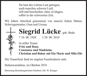 Traueranzeige von Siegrid Lücke (geb. Bode)  von Magdeburger Volksstimme
