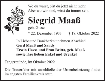 Traueranzeige von Siegrid Maaß (geb. Giese)  von Magdeburger Volksstimme