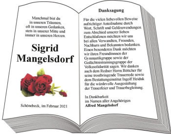 Traueranzeige von Siegrid Mangelsdorf  von Magdeburger Volksstimme