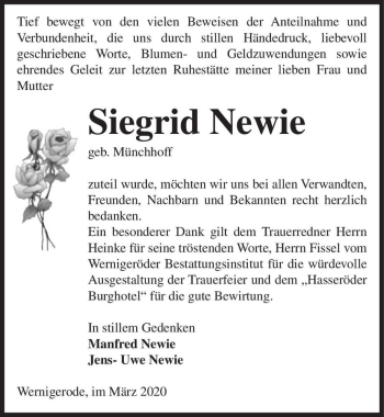 Traueranzeige von Siegrid Newie (geb. Münchhoff)  von Magdeburger Volksstimme