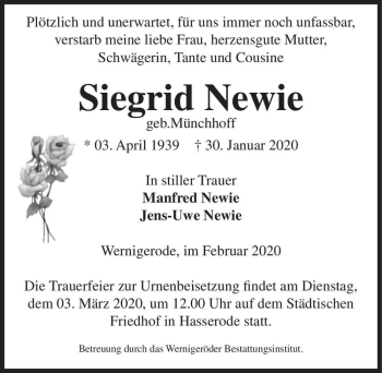 Traueranzeige von Siegrid Newie (geb. Münchhoff)  von Magdeburger Volksstimme