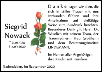Traueranzeige von Siegrid Nowack  von Magdeburger Volksstimme