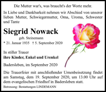 Traueranzeige von Siegrid Nowack (geb. Steinemann)  von Magdeburger Volksstimme