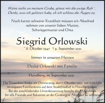 Traueranzeige von Siegrid Orlowski  von Magdeburger Volksstimme