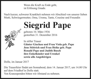 Traueranzeige von Siegrid Pape  von Magdeburger Volksstimme