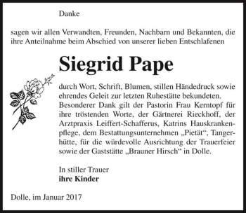 Traueranzeige von Siegrid Pape  von Magdeburger Volksstimme