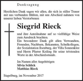 Traueranzeige von Siegrid Rieck  von Magdeburger Volksstimme