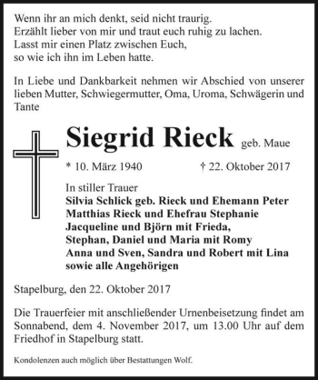 Traueranzeige von Siegrid Rieck (geb. Maue)  von Magdeburger Volksstimme