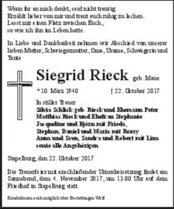 Traueranzeige von Siegrid Rieck (geb. Maue)  von Magdeburger Volksstimme