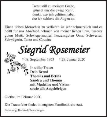 Traueranzeige von Siegrid Rosemeier  von Magdeburger Volksstimme