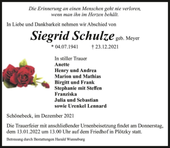 Traueranzeige von Siegrid Schulze (geb. Meyer)  von Magdeburger Volksstimme