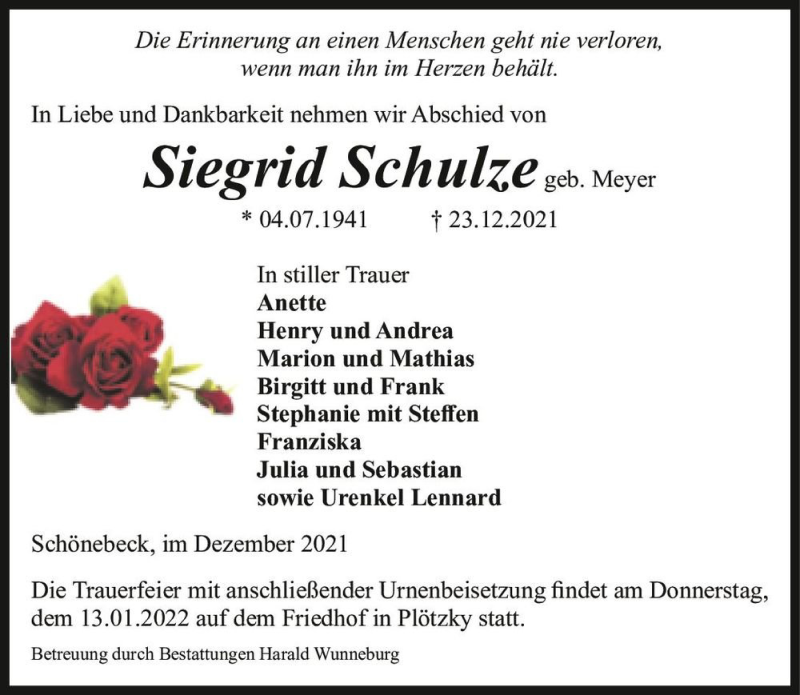  Traueranzeige für Siegrid Schulze (geb. Meyer)  vom 03.01.2022 aus Magdeburger Volksstimme