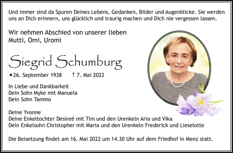  Traueranzeige für Siegrid Schumburg  vom 14.05.2022 aus Magdeburger Volksstimme