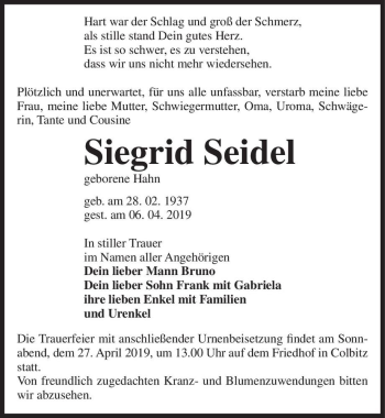 Traueranzeige von Siegrid Seidel (geb. Hahn)  von Magdeburger Volksstimme