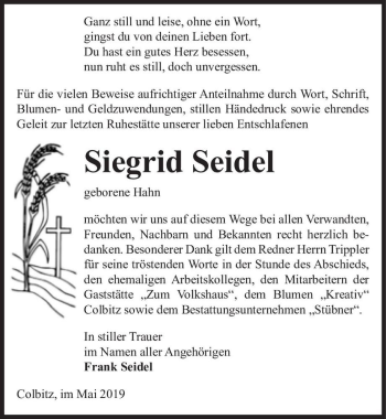 Traueranzeige von Siegrid Seidel (geb. Hahn)  von Magdeburger Volksstimme