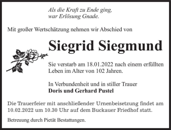 Traueranzeige von Siegrid Siegmund  von Magdeburger Volksstimme