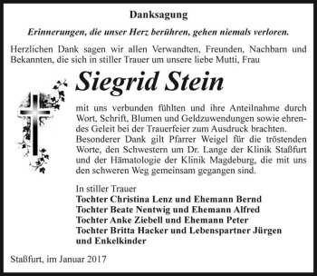 Traueranzeige von Siegrid Stein  von Magdeburger Volksstimme