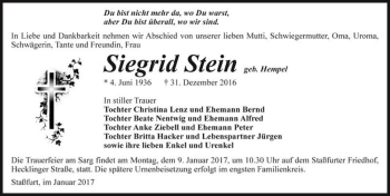 Traueranzeige von Siegrid Stein (geb. Hempel)  von Magdeburger Volksstimme