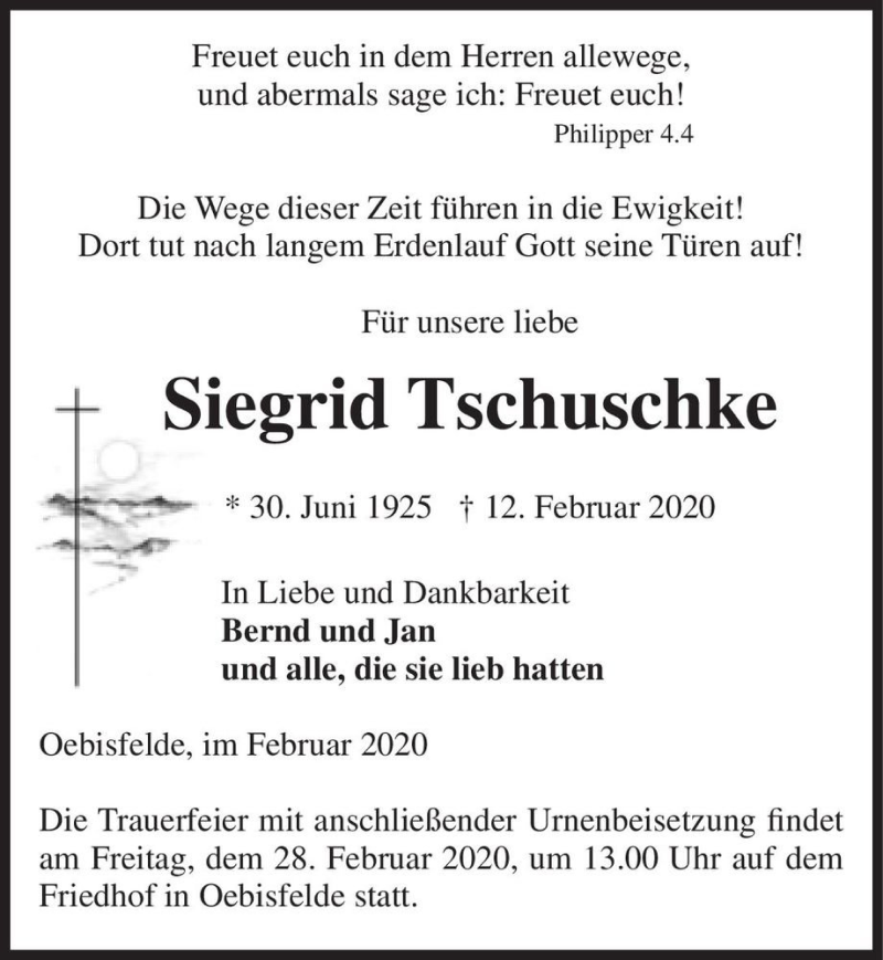  Traueranzeige für Siegrid Tschuschke  vom 18.02.2020 aus Magdeburger Volksstimme
