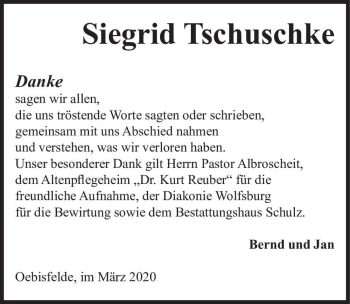 Traueranzeige von Siegrid Tschuschke  von Magdeburger Volksstimme