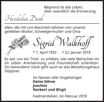 Traueranzeige von Siegrid Walkhoff  von Magdeburger Volksstimme