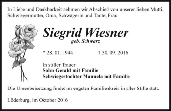 Traueranzeige von Siegrid Wiesner (geb. Schwarz)  von Magdeburger Volksstimme