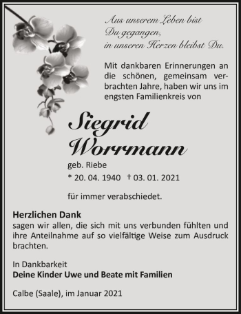 Traueranzeige von Siegrid Worrmann (geb. Riebe)  von Magdeburger Volksstimme