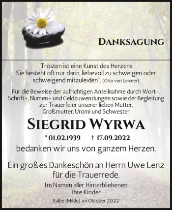 Traueranzeige von Siegrid Wyrwa  von Magdeburger Volksstimme