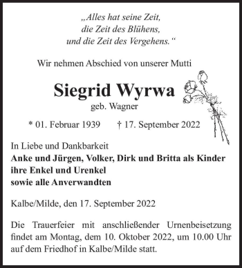 Traueranzeige von Siegrid Wyrwa (geb. Wagner)  von Magdeburger Volksstimme