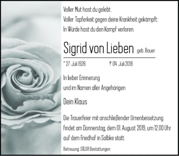 Traueranzeige von Siegrid von Lieben (geb. Bauer)  von Magdeburger Volksstimme