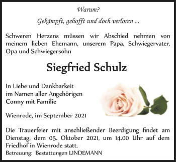 Traueranzeige von Siegried Schulz  von Magdeburger Volksstimme