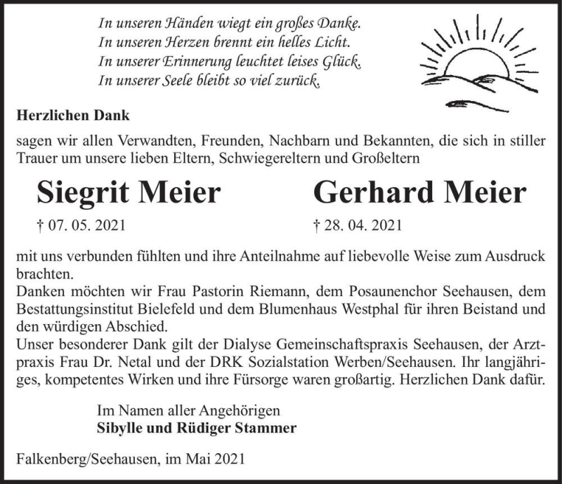  Traueranzeige fÃ¼r Siegrit Meier und Gerhard Meier  vom 29.05.2021 aus Magdeburger Volksstimme