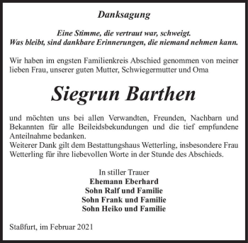 Traueranzeige von Siegrun Barthen  von Magdeburger Volksstimme