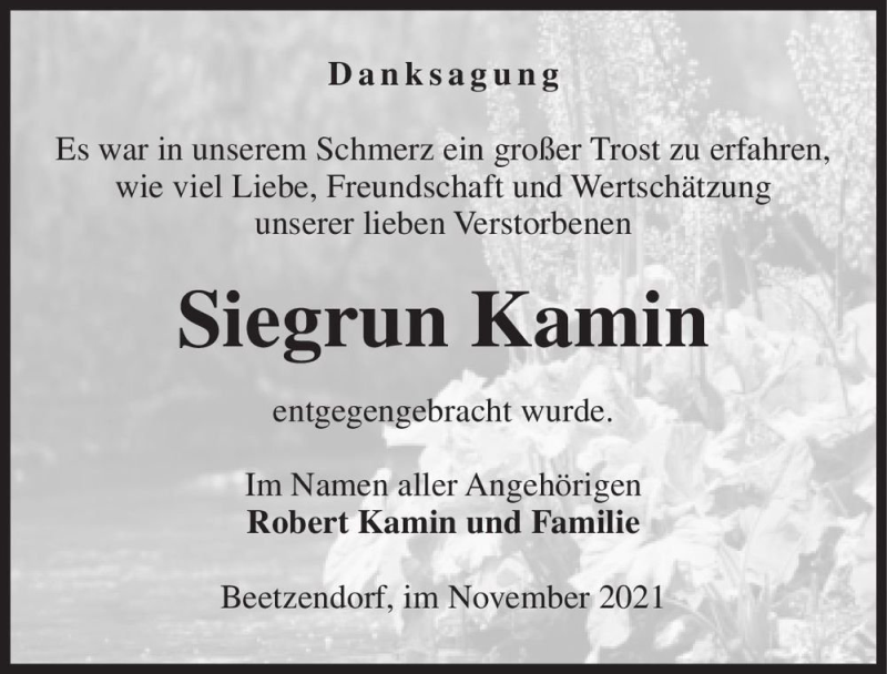  Traueranzeige für Siegrun Kamin  vom 19.11.2021 aus Magdeburger Volksstimme