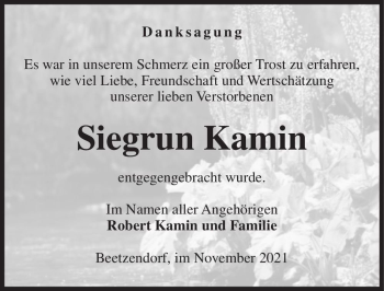 Traueranzeige von Siegrun Kamin  von Magdeburger Volksstimme