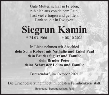 Traueranzeige von Siegrun Kamin  von Magdeburger Volksstimme