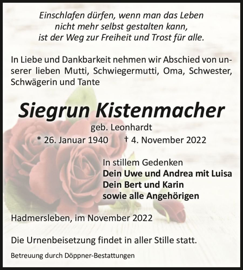  Traueranzeige für Siegrun Kistenmacher (geb. Leonhardt)  vom 12.11.2022 aus Magdeburger Volksstimme