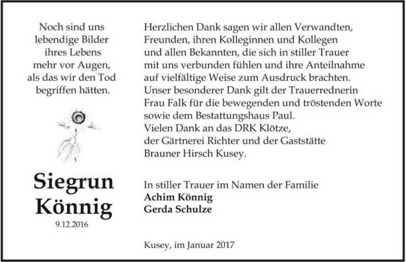  Traueranzeige für Siegrun Könnig  vom 19.01.2017 aus Magdeburger Volksstimme