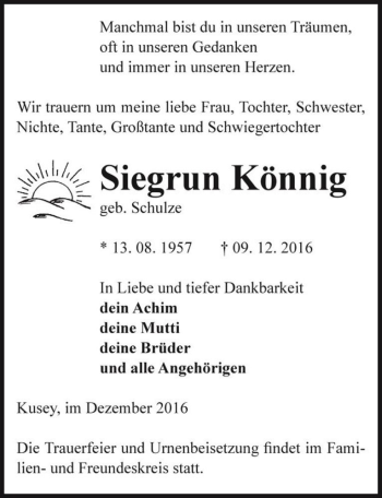 Traueranzeige von Siegrun Könnig (geb. Schulze)  von Magdeburger Volksstimme