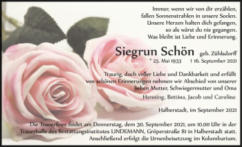 Traueranzeige von Siegrun Schön (geb. Zühlsdorff)  von Magdeburger Volksstimme
