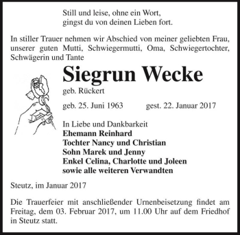Traueranzeige von Siegrun Wecke (geb. Rückert)  von Magdeburger Volksstimme