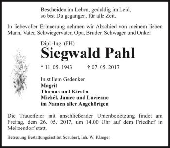 Traueranzeige von Siegwald Pahl  von Magdeburger Volksstimme