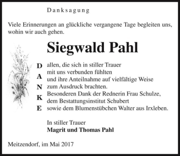 Traueranzeige von Siegwald Pahl  von Magdeburger Volksstimme