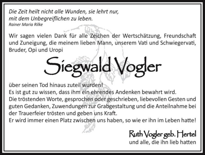  Traueranzeige für Siegwald Vogler  vom 03.09.2016 aus Magdeburger Volksstimme