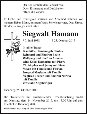 Traueranzeige von Siegwalt Hamann  von Magdeburger Volksstimme