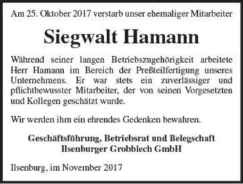 Traueranzeige von Siegwalt Hamann  von Magdeburger Volksstimme
