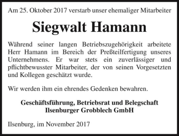 Traueranzeige von Siegwalt Hamann  von Magdeburger Volksstimme