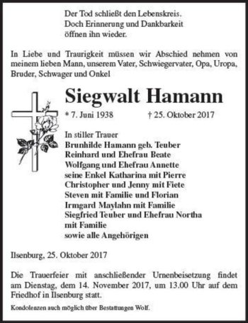 Traueranzeige von Siegwalt Hamann  von Magdeburger Volksstimme
