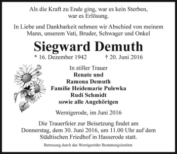 Traueranzeige von Siegward Demuth  von Magdeburger Volksstimme