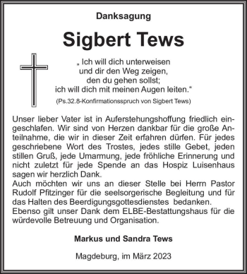 Traueranzeige von Sigbert Tews  von Magdeburger Volksstimme